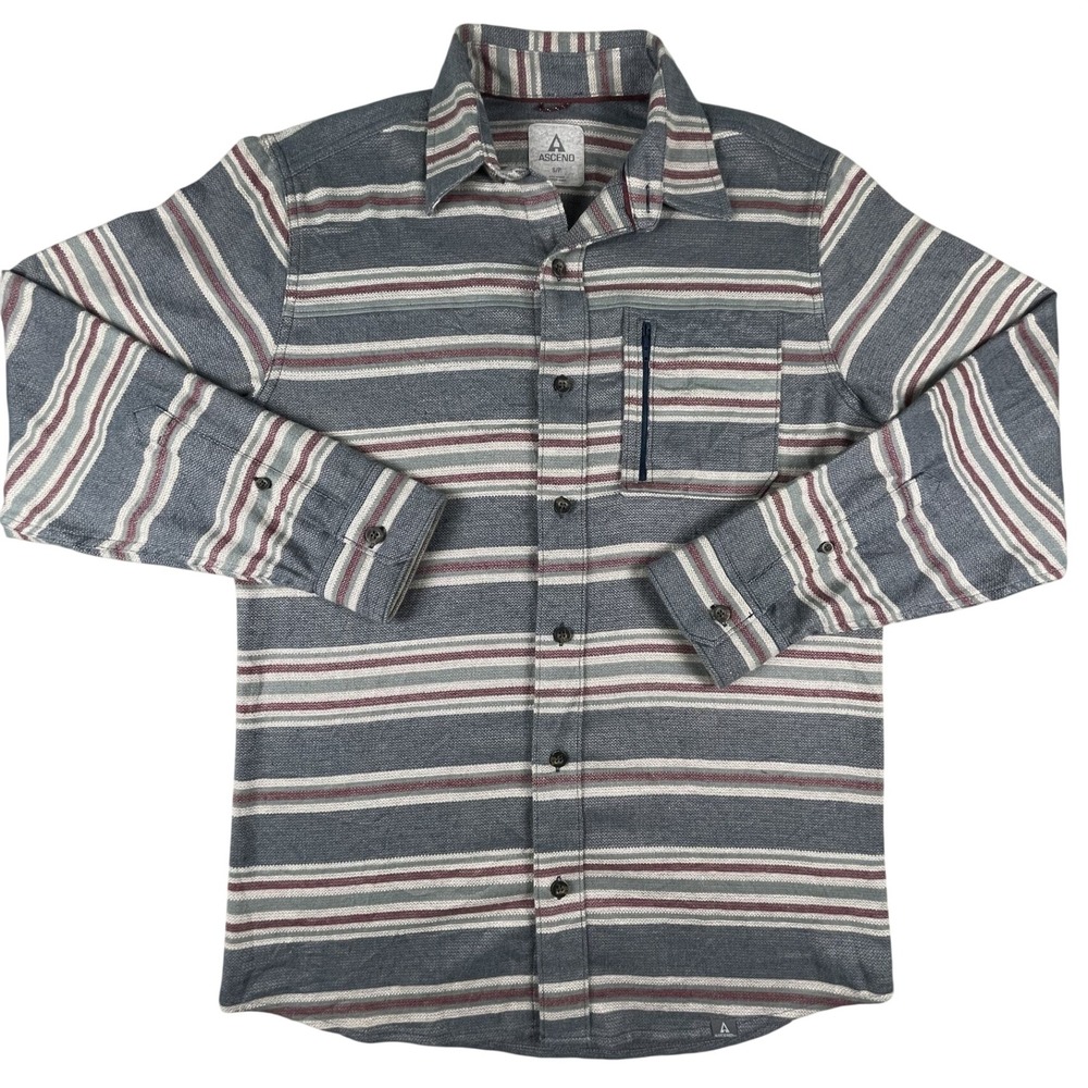 Ascend Shirt Mens Small Striped Long Sleeve Zip Pocket Organic Cotton Blend